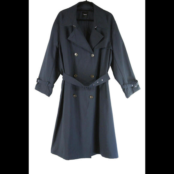 NEW Theory Relaxed Trench Coat in Stretch Flannel in dark navy Sz L #C4310 - Picture 8 of 12